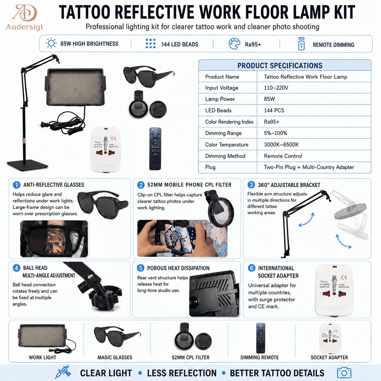 Audersigt Conjunto de luz anti-reflexo para fotografia de tatuagem, Luz antirreflexo para fotografia de tatuagem com polarizador CPL e dimerização remota, SKU AC062 - imagem 1
