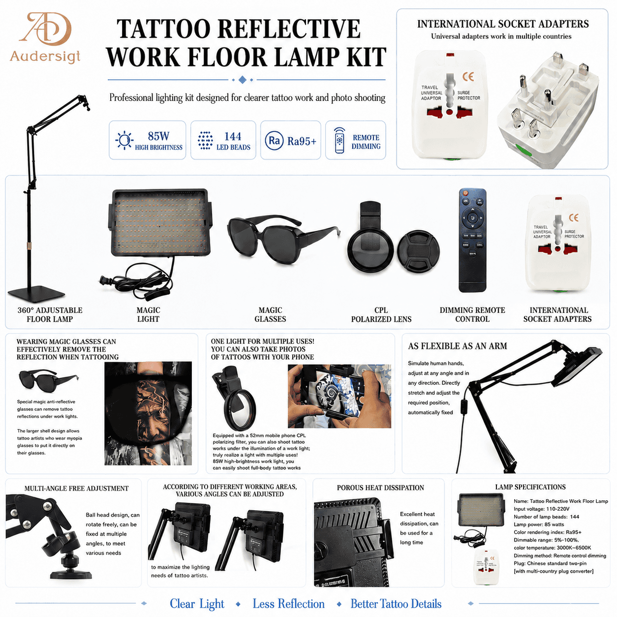 Audersigt Conjunto de luz anti-reflexo para fotografia de tatuagem, Luz antirreflexo para fotografia de tatuagem com polarizador CPL e dimerização remota, SKU AC062 - imagem 8