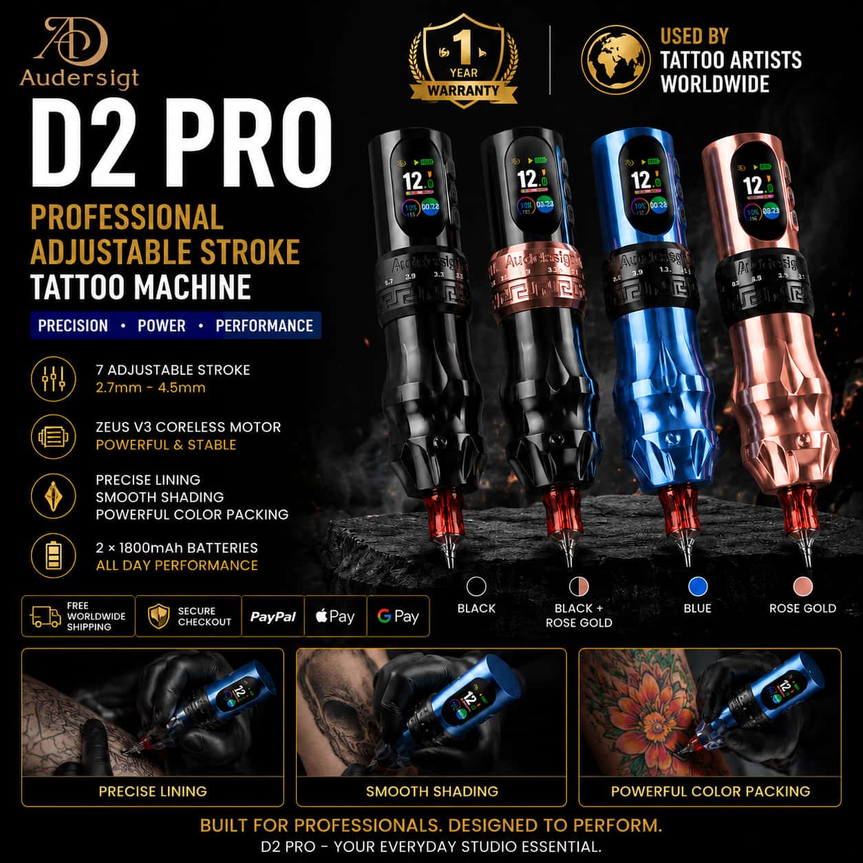 D2 Pro Adjustable Stroke Wireless Tattoo Pen Machine
