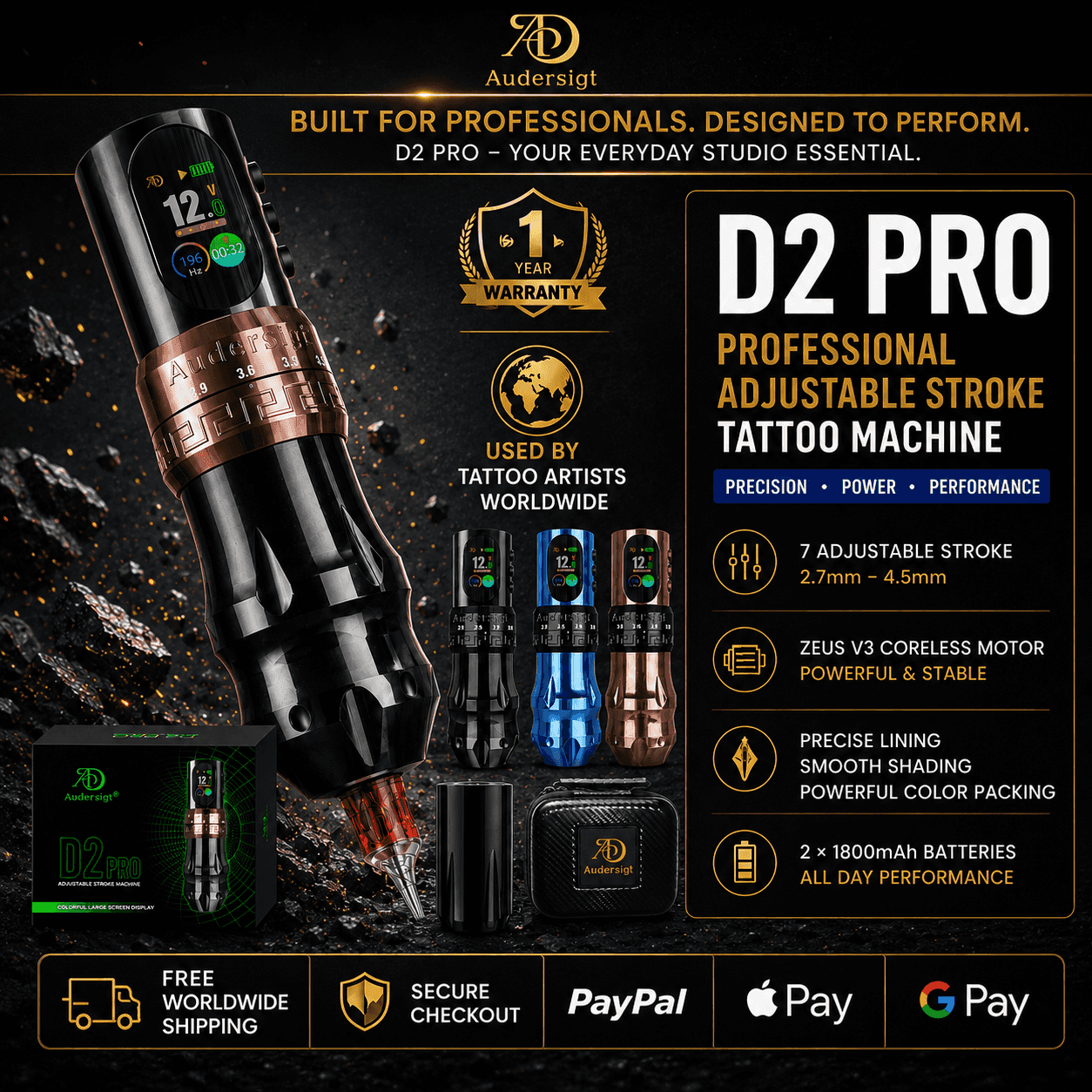 D2 Pro Adjustable Stroke Wireless Tattoo Pen Machine