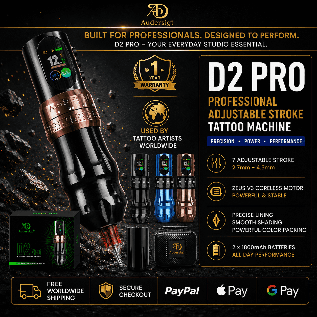 D2 Pro Adjustable Stroke Wireless Tattoo Pen Machine