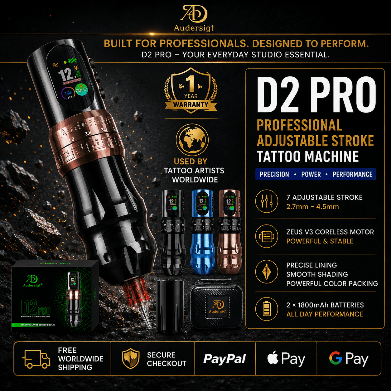 D2 Pro Adjustable Stroke Wireless Tattoo Pen Machine