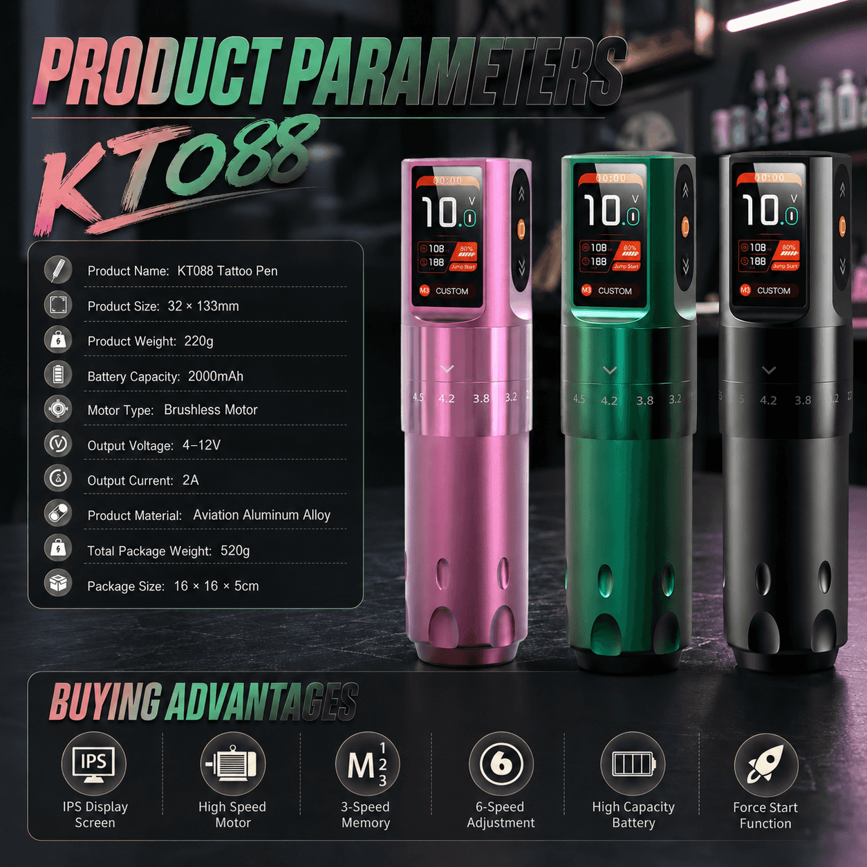 KT088 Adjustable Stroke Wireless Tattoo Pen Machine