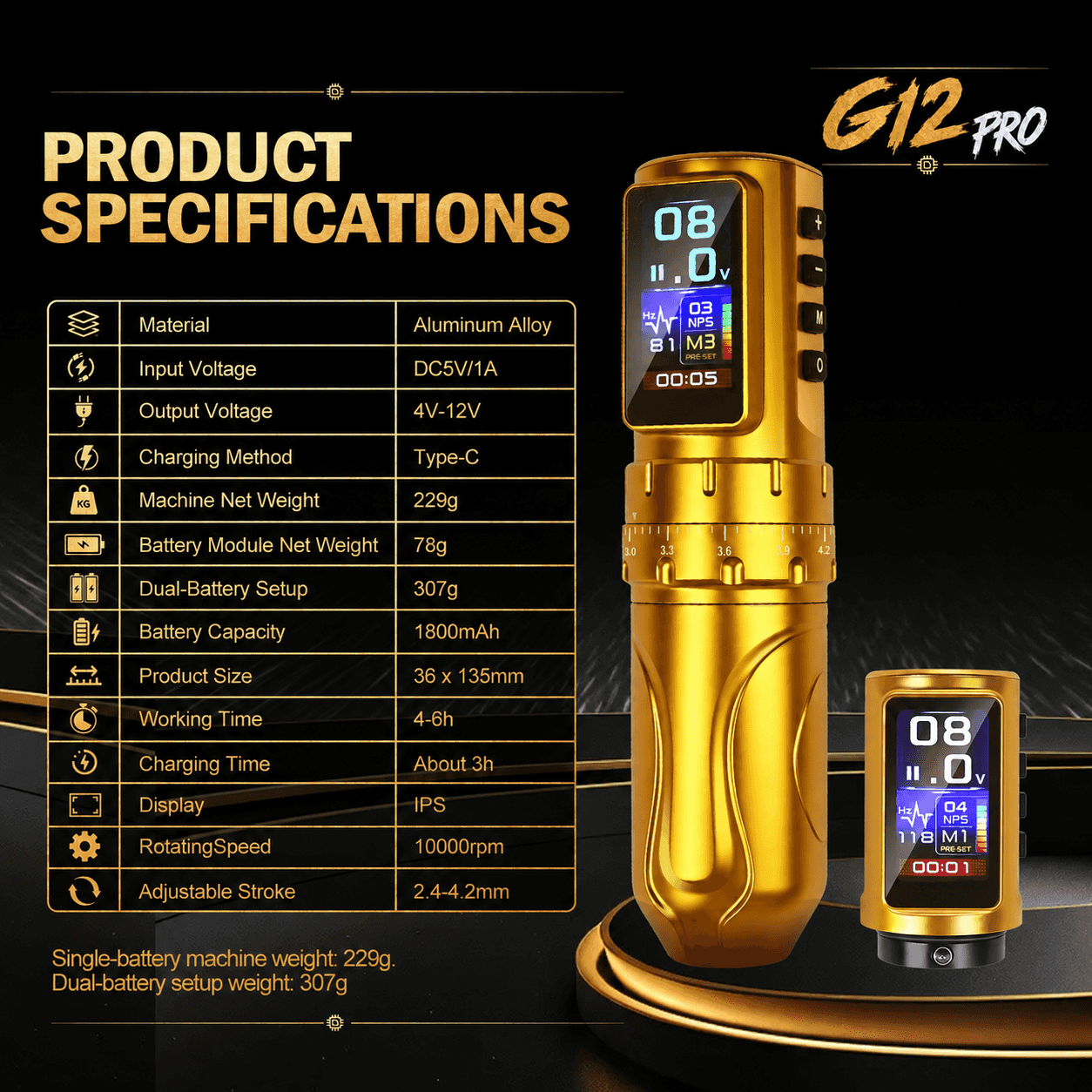 G12PRO Adjustable Stroke Wireless Tattoo Pen Machine for Beginners